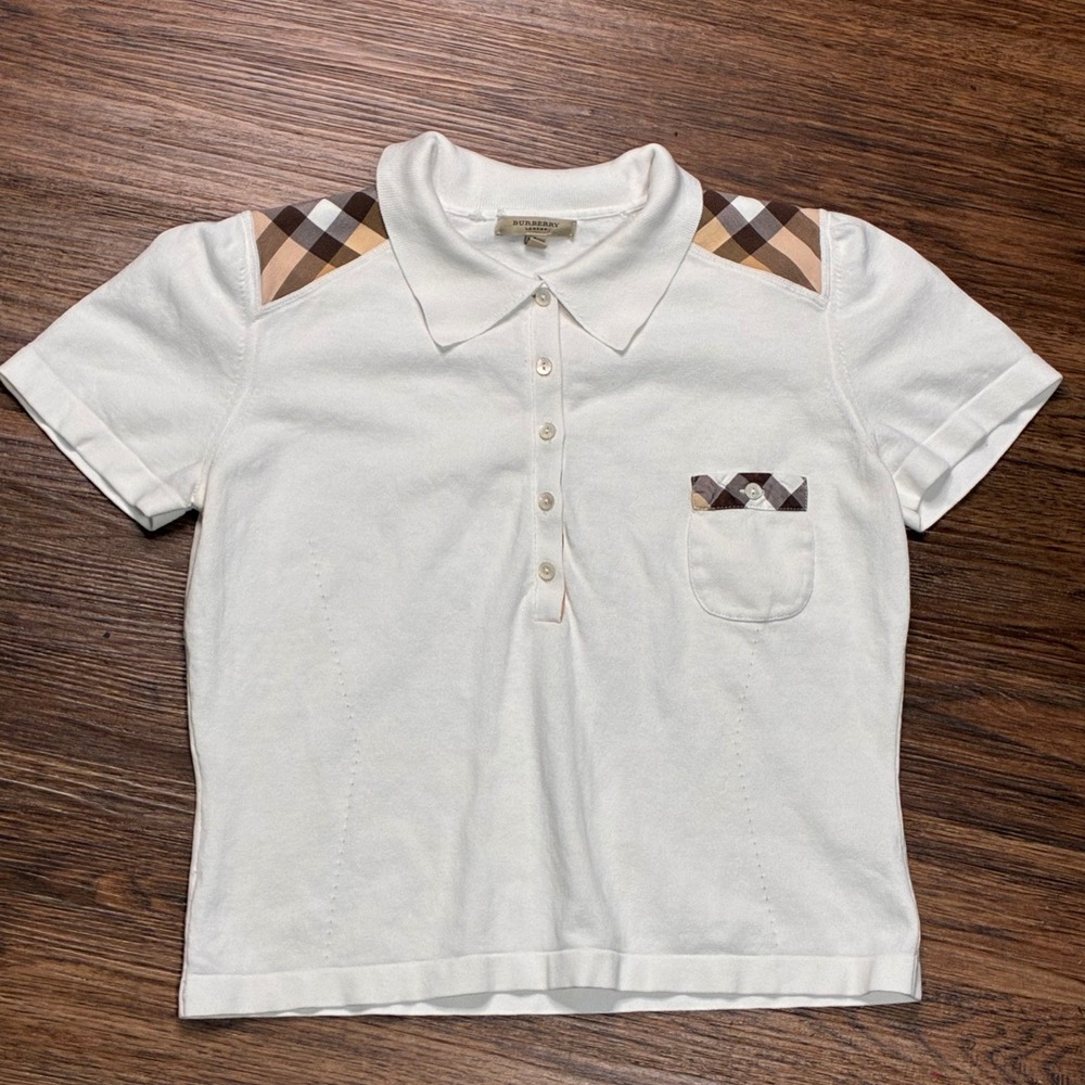 Burberry London Women's Polo Shirt Size L White Nova Check Made in Italy